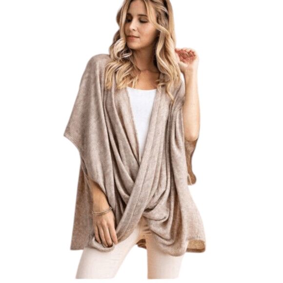 Kori Tan Draped Oversized Sweater Size Large Heather Brown Short Sleeve Sweater - Picture 2 of 9